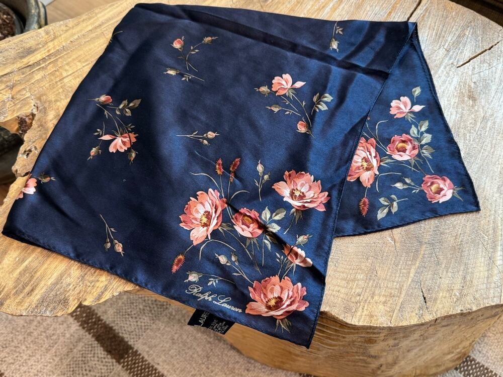 Vintage Ralph Lauren Silk Square Scarf Navy Blue Floral 21” Granny Cottage Core